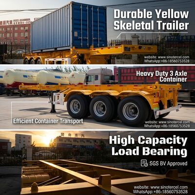 Contenedor de tipo esqueleto Semi remolque amarillo Excelente capacidad de carga 3 ejes Contenedor de tracción